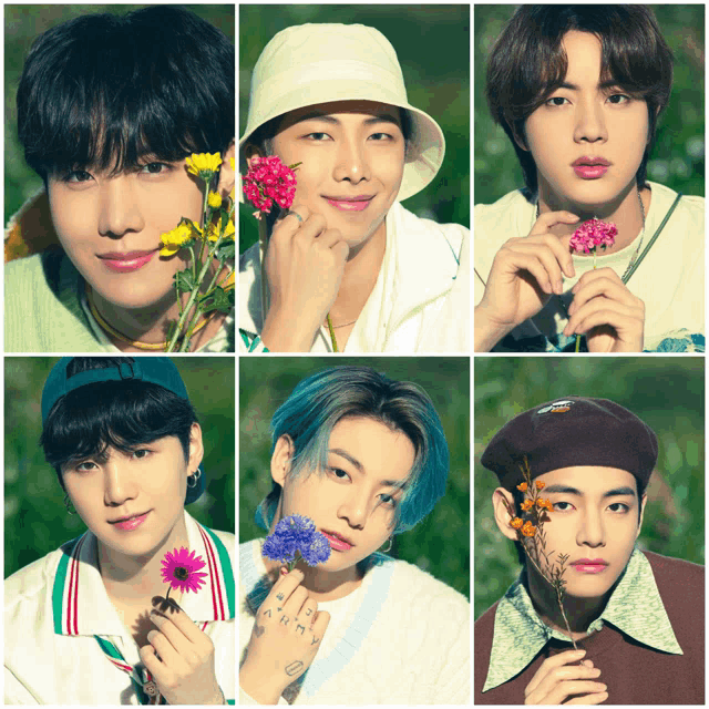 a collage of six portraits of a group of young men holding flowers