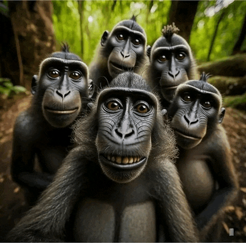 a group of monkeys are posing for a picture and one of them has a mohawk