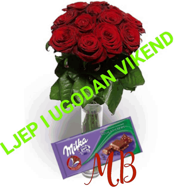 a bouquet of red roses in a vase next to a milka bar