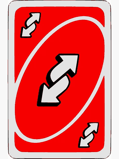 a red uno card with two white arrows pointing in opposite directions on it