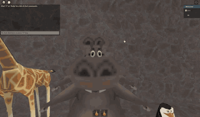 a giraffe and a penguin are standing next to a hippo in a virtual world