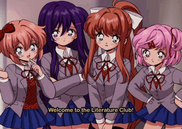 a group of anime girls are standing next to each other in a room and talking to each other .