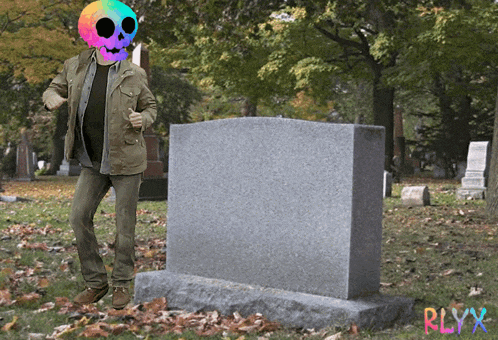 a man with a rainbow skull on his head stands in front of a gravestone with the letters rlvx on it