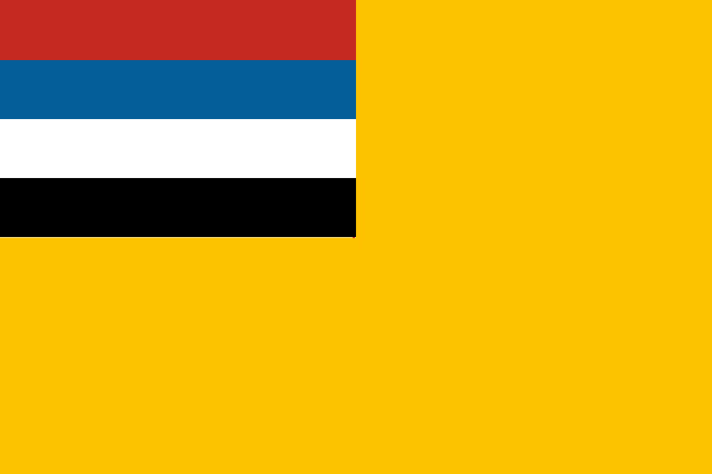 a yellow background with a red , blue , white , and black stripe on it .