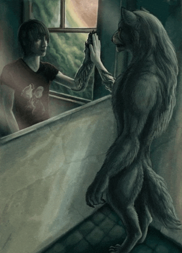 a painting of a werewolf giving a high five to a man