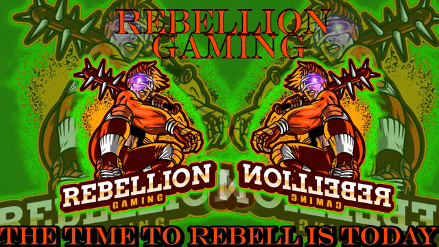 a poster for rebellion gaming shows a cartoon character on a green background