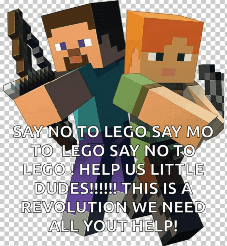 a picture of minecraft characters with the caption say no to lego say no to lego help us little dudes this is revolution we need all your help