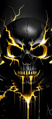 a black skull with yellow lightning coming out of its eyes .