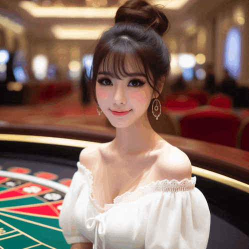 a woman in a white off the shoulder top is sitting at a roulette table