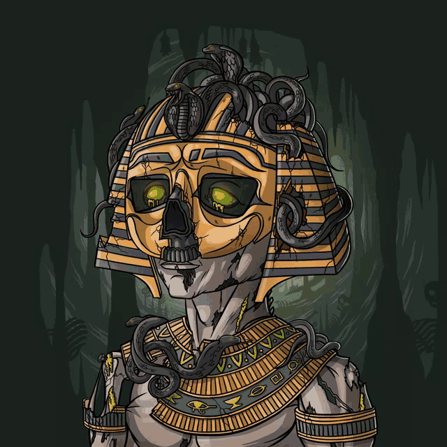 a drawing of a skeleton wearing a pharaoh 's helmet with snakes on it