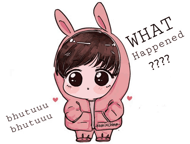 a drawing of a boy in a pink bunny costume with the words " what happened " below it