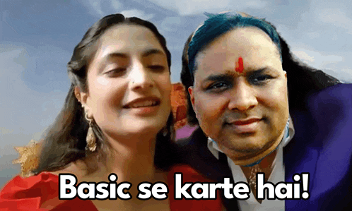 a man and a woman are standing next to each other and the man says basic se karte hai