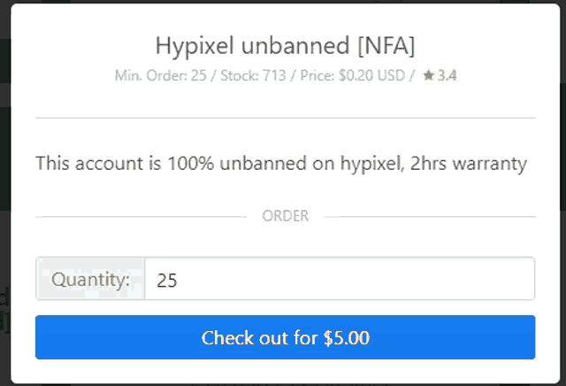 a screen that says hypixel unbanned and says check out for $ 5.00