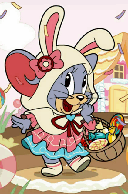 a cartoon mouse wearing a bunny costume holds a basket of candy