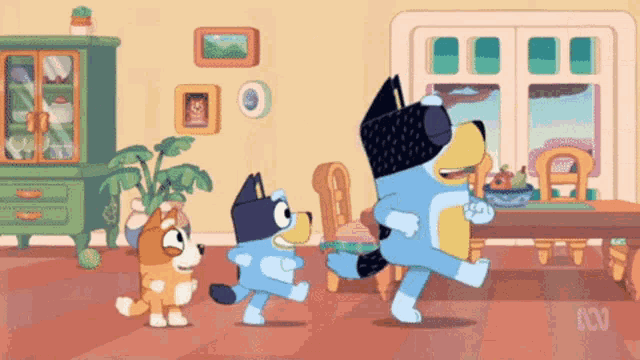 a cartoon of three dogs dancing in a living room with the letters abc on the bottom