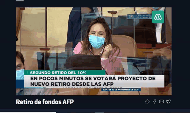 a woman wearing a mask is sitting in front of a laptop on a screen that says retiro de fondos afp