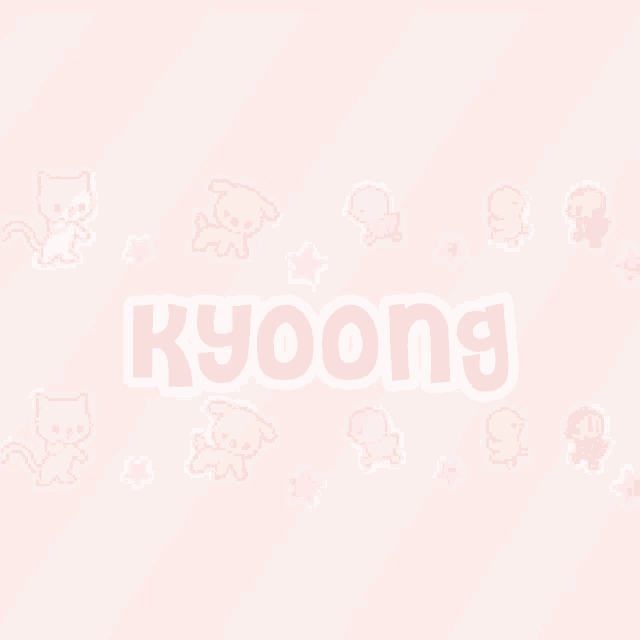 the word kyoong is on a pink background with animals and stars