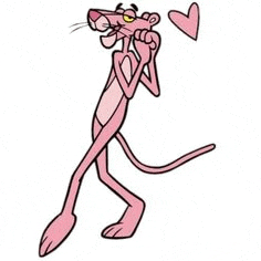 a pink panther is blowing a kiss with a heart in the background .