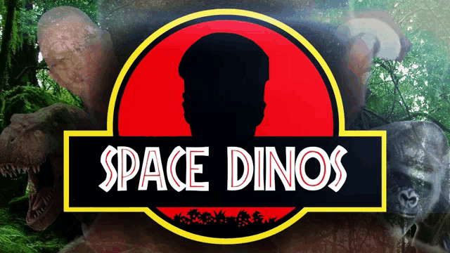 a logo for space dinos with a silhouette of a man