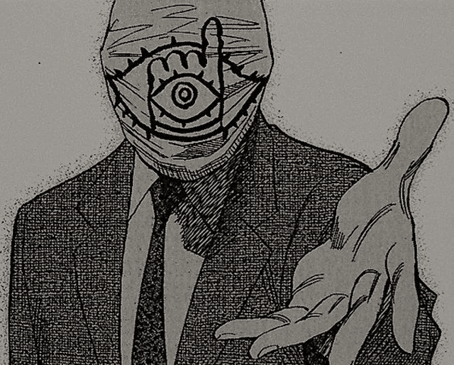 a drawing of a man in a suit and tie with a mask on his face