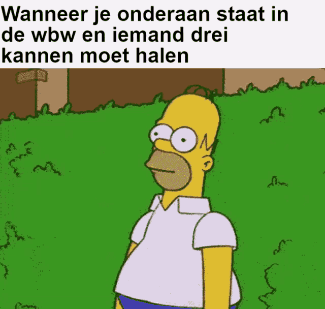 a cartoon of homer simpson standing in the grass with a caption that says wanneer je onderaan staat