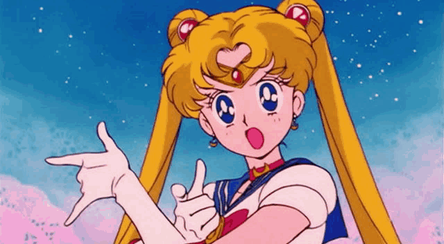 a cartoon girl with a heart on her head is pointing at something