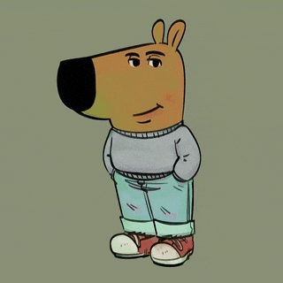 a cartoon bear wearing a grey sweater and blue jeans