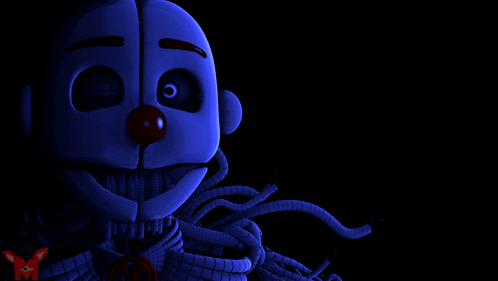 a blue clown with a red nose and a red circle around his neck