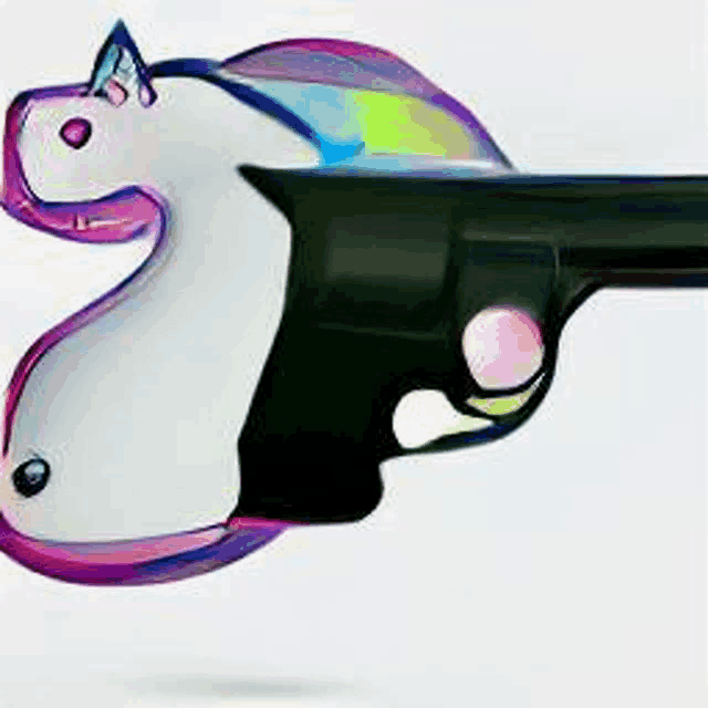 a gun with a unicorn head on it is flying through the air .