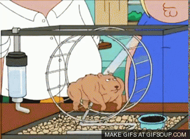 a cartoon of a hamster running in a hamster wheel with make gifs at gifsoup.com at the bottom