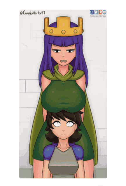 a cartoon of a woman with a crown on her head standing next to another woman