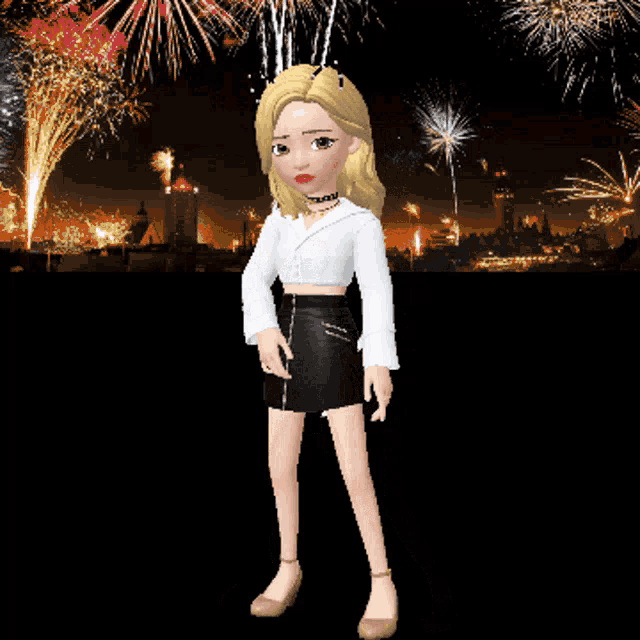 a cartoon girl is dancing in front of fireworks at night