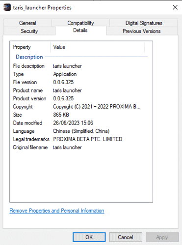 a screenshot of the taris launcher properties screen