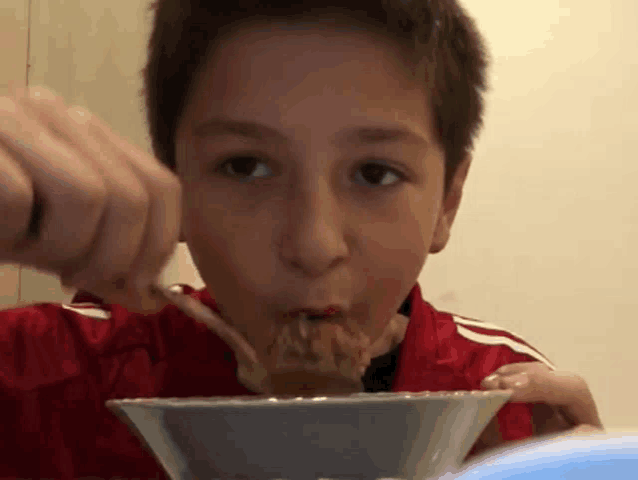 a young boy in a red shirt is eating cereal with a spoon