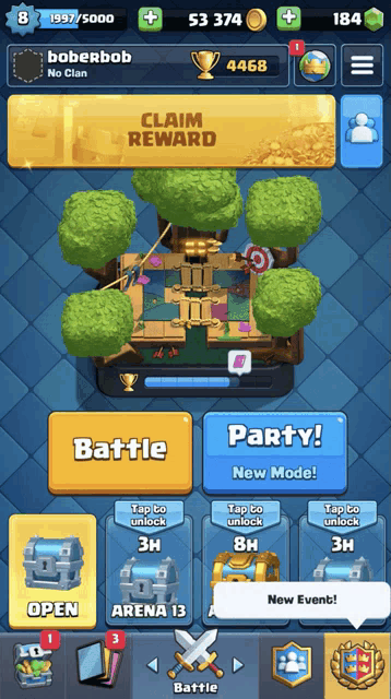 a screenshot of a game called clash royale showing the battle and party options