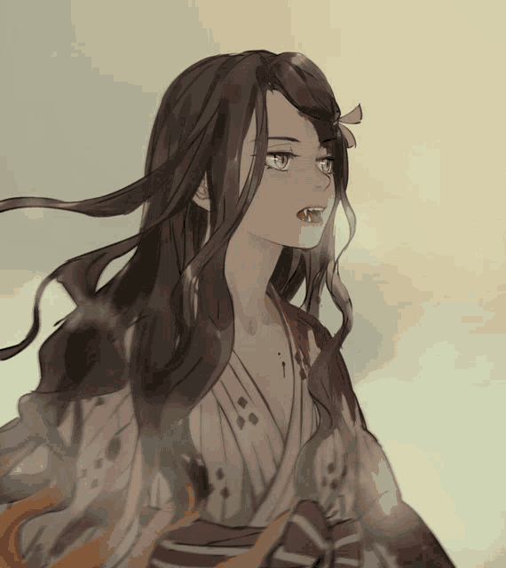 a drawing of a girl with long hair and a bloody mouth