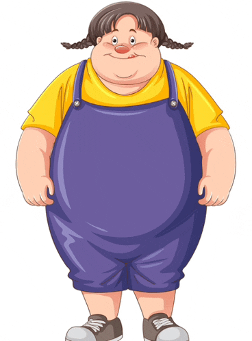 a cartoon illustration of a fat girl wearing blue overalls and a yellow shirt