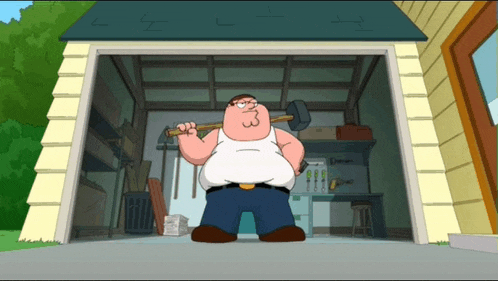 peter griffin from family guy is holding a hammer