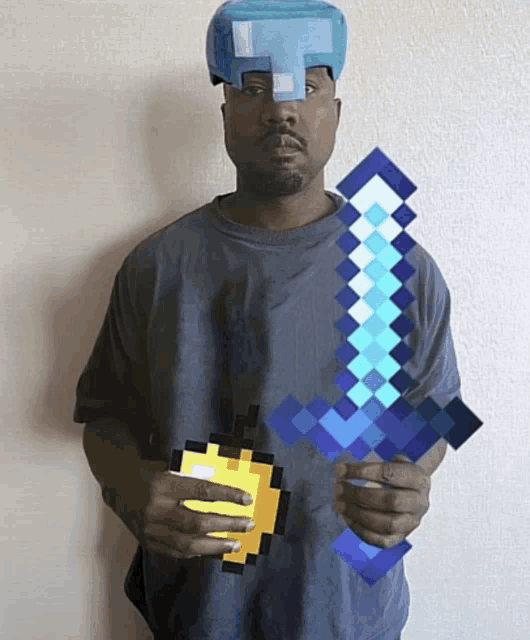 a man wearing a blue helmet holds a diamond sword and a gold block