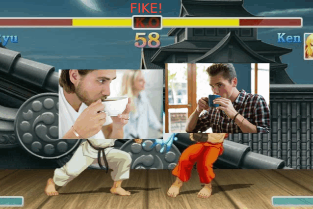 a video game shows two men drinking coffee and one of them is wearing a karate uniform