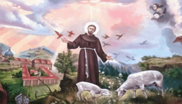 a painting of a man surrounded by sheep with birds flying around him