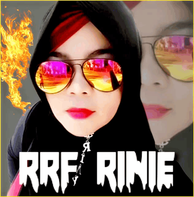 a picture of a woman wearing sunglasses with the words rrf rinie below her