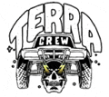 a black and white logo for terra crew with a skull on the front of a truck .