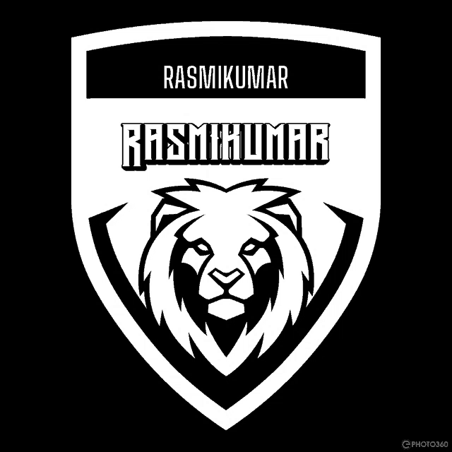 a black and white logo for rasmikumar with a lion head