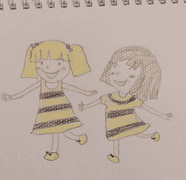 a child 's drawing of two girls wearing yellow striped dresses