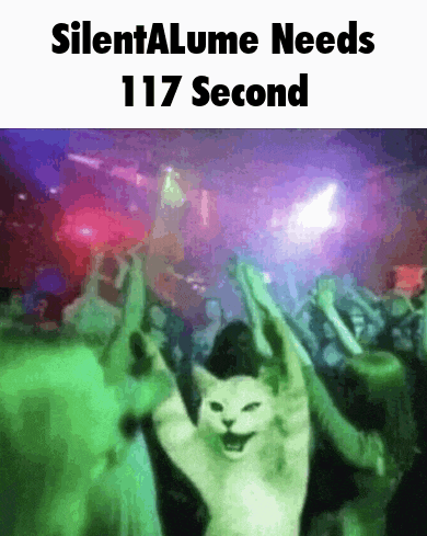 a cat is dancing in front of a crowd with the words silentalume needs 117 second written below it