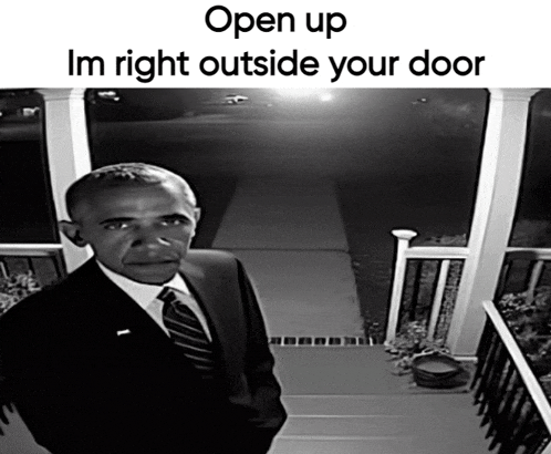 a man in a suit and tie stands on a porch with the words open up im right outside your door below him