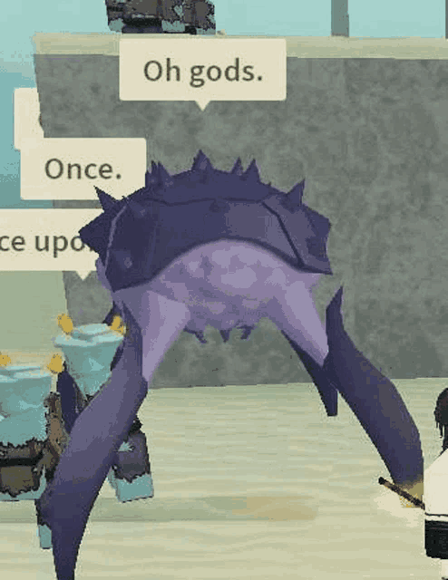 a person is standing next to a purple monster in a video game with a sword .