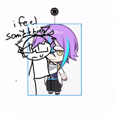 a drawing of a girl with purple hair and the words " i feel something "