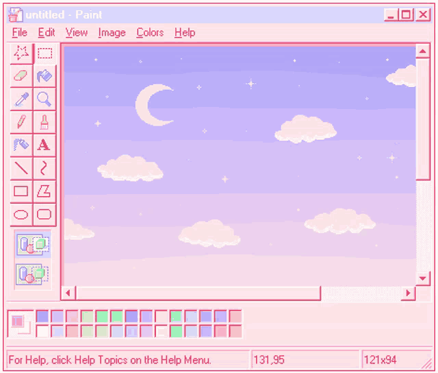 a computer screen with a pink sky and clouds and a crescent moon